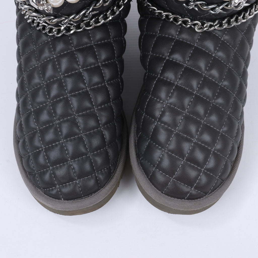 Philipp Plein Leather Ankle Boots Silver Metal Accessories with Skull Chains, Size 37 EU