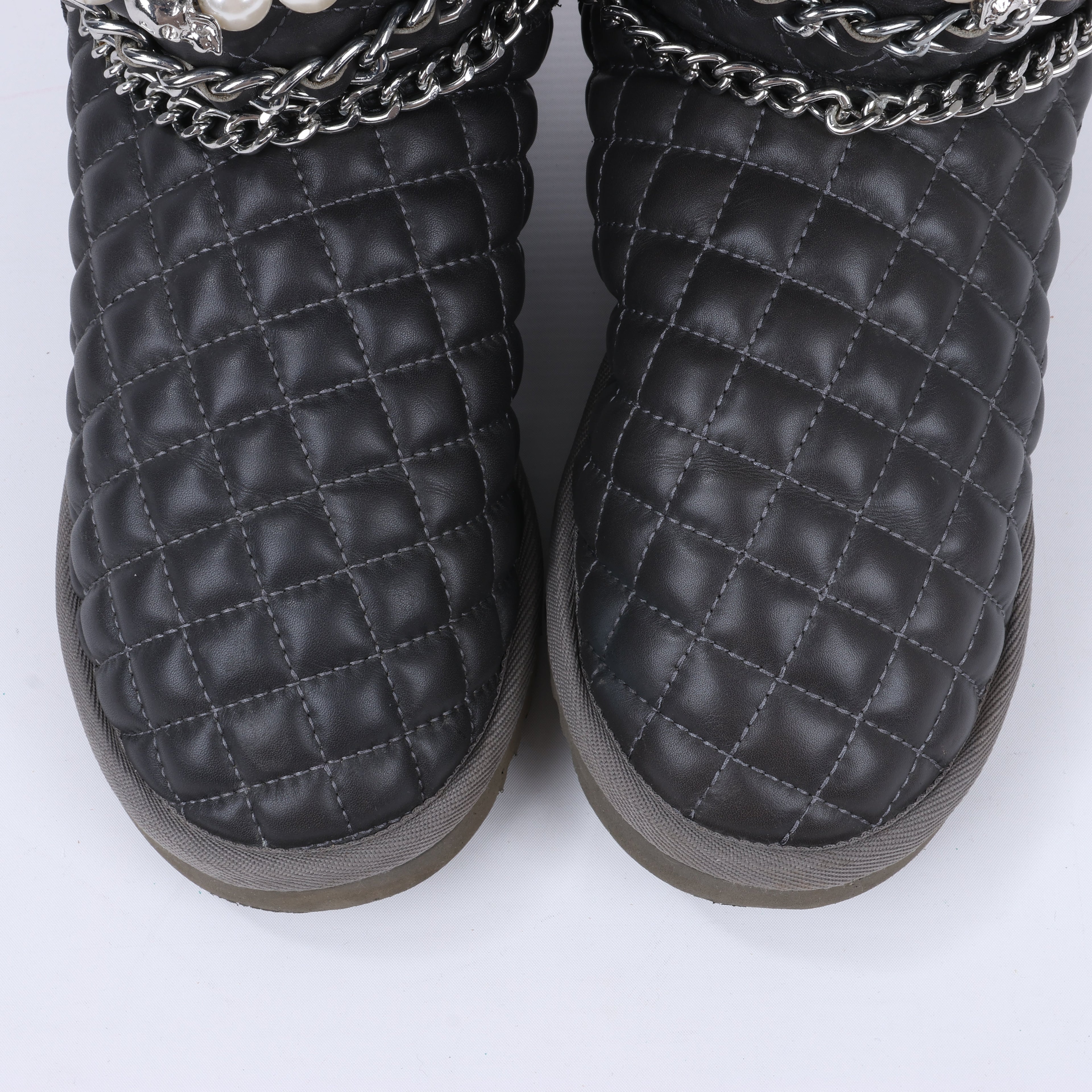 Philipp Plein Leather Ankle Boots Silver Metal Accessories with Skull Chains, Size 37 EU