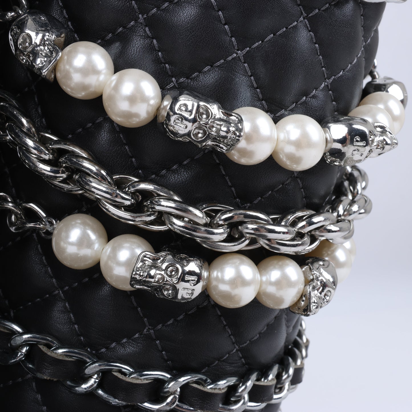 Philipp Plein Leather Ankle Boots Silver Metal Accessories with Skull Chains, Size 37 EU