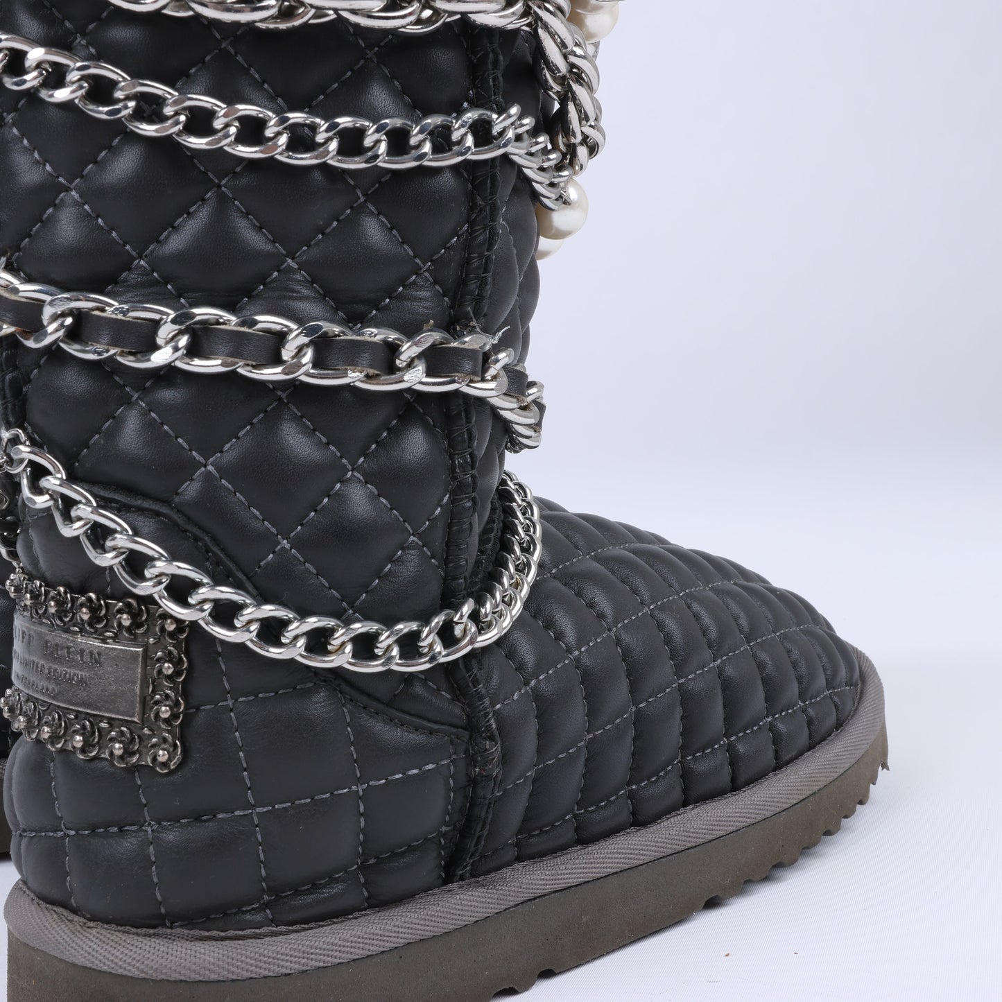 Philipp Plein Leather Ankle Boots Silver Metal Accessories with Skull Chains, Size 37 EU
