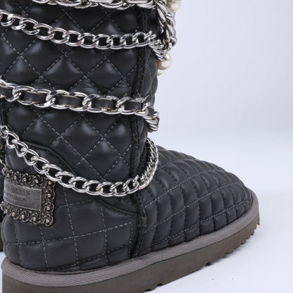 Philipp Plein Leather Ankle Boots Silver Metal Accessories with Skull Chains, Size 37 EU