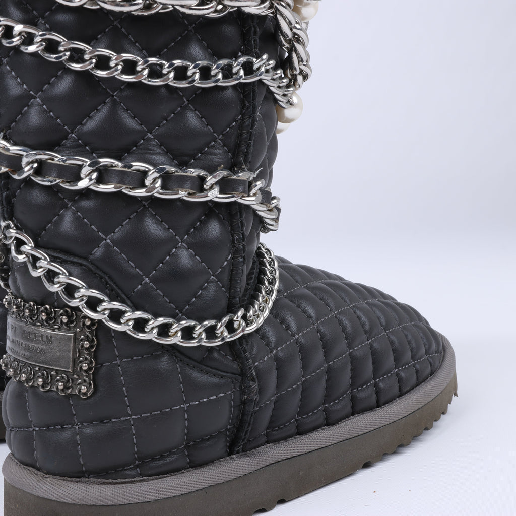 Philipp Plein Leather Ankle Boots Silver Metal Accessories with Skull Chains, Size 37 EU