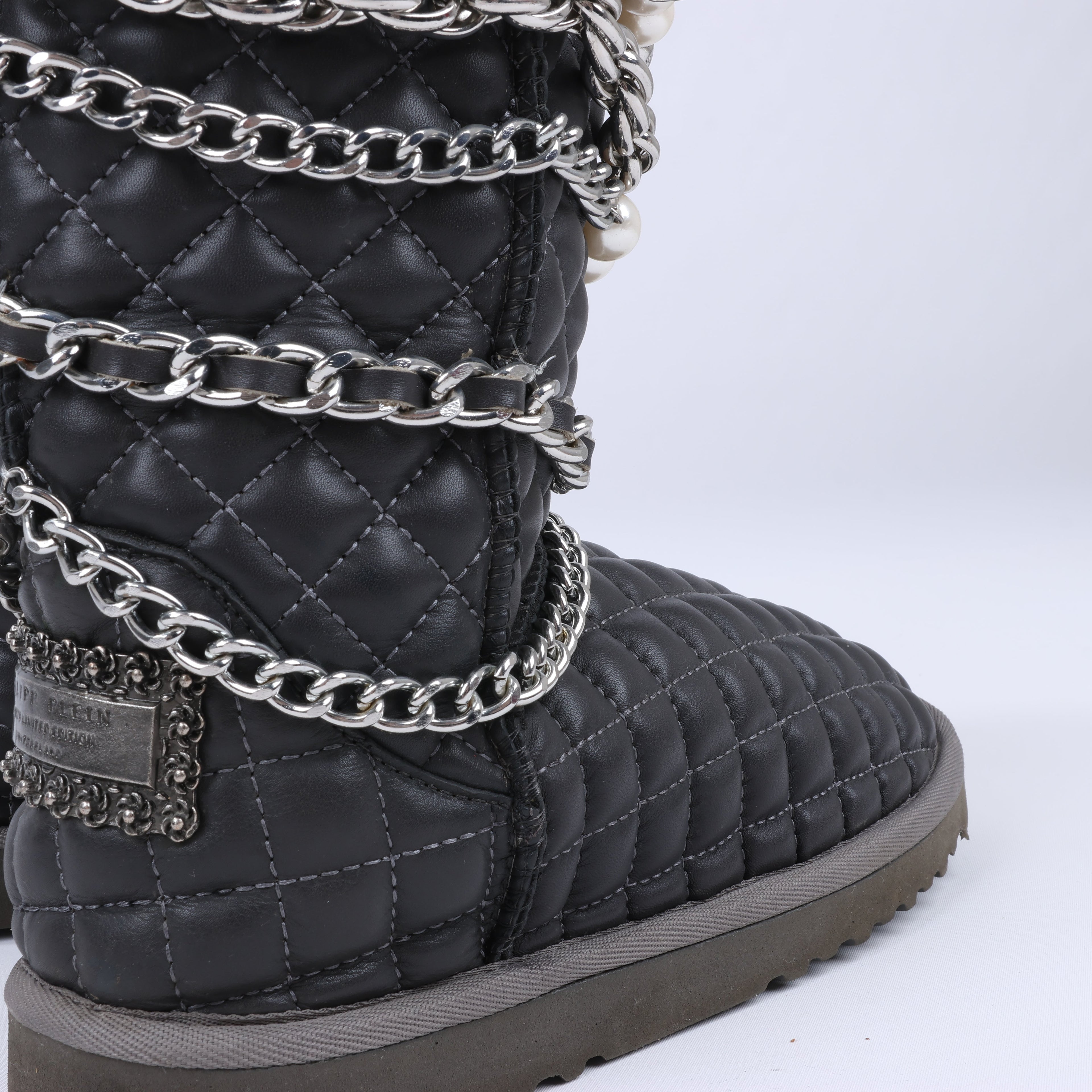 Philipp Plein Leather Ankle Boots Silver Metal Accessories with Skull Chains, Size 37 EU