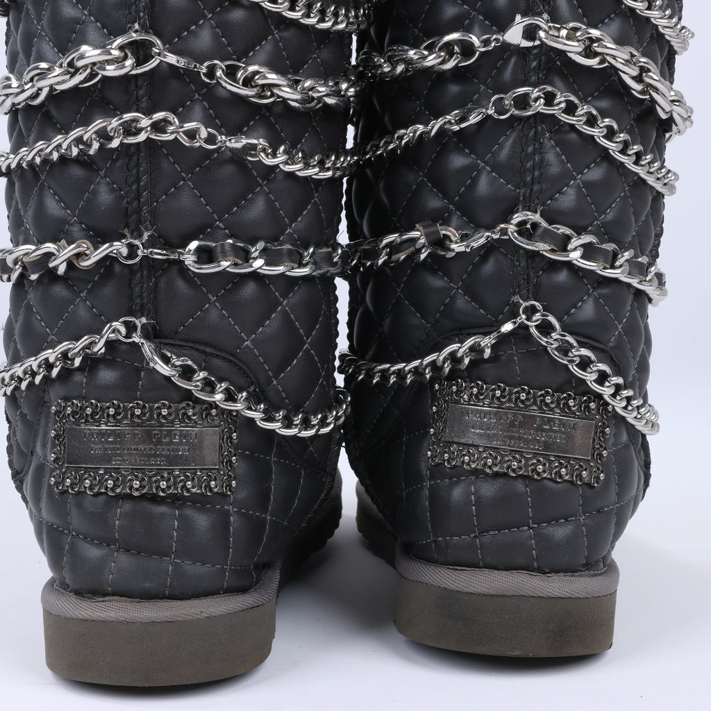 Philipp Plein Leather Ankle Boots Silver Metal Accessories with Skull Chains, Size 37 EU