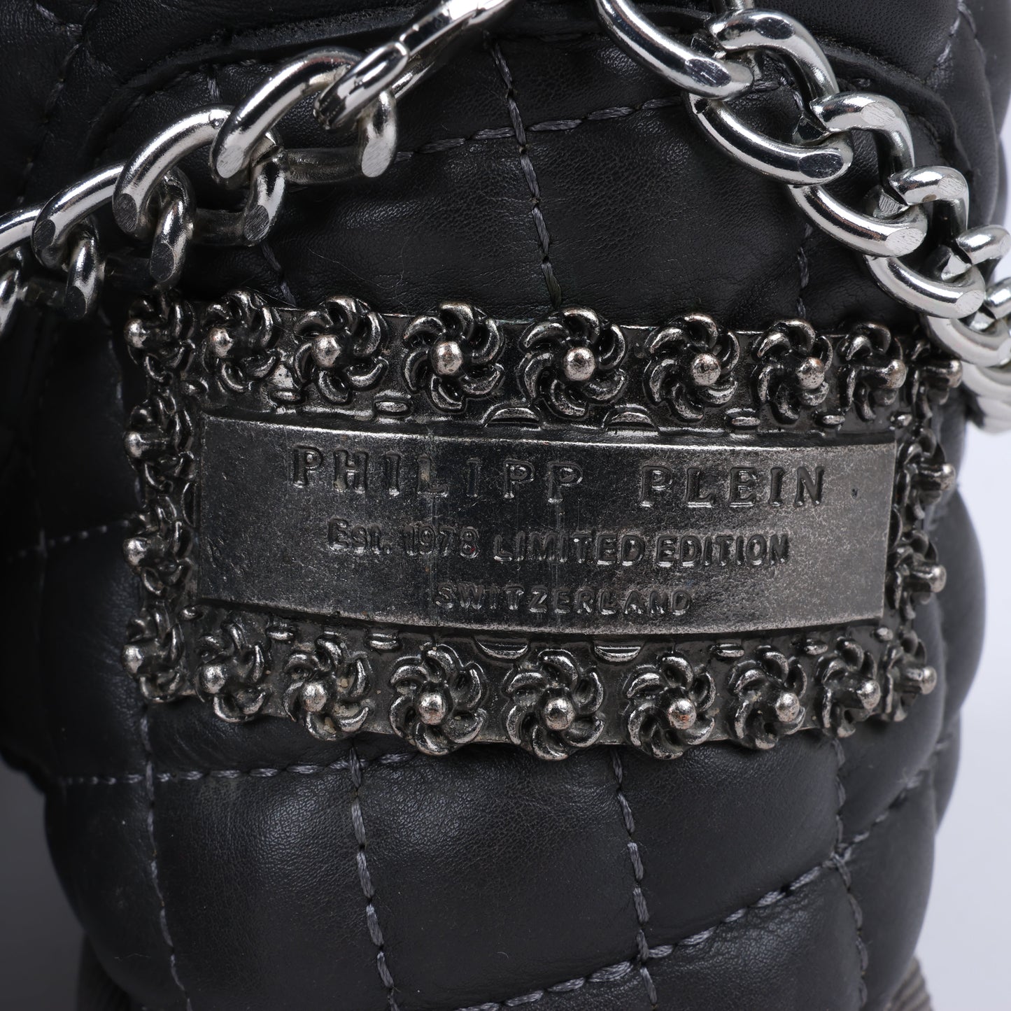 Philipp Plein Leather Ankle Boots Silver Metal Accessories with Skull Chains, Size 37 EU