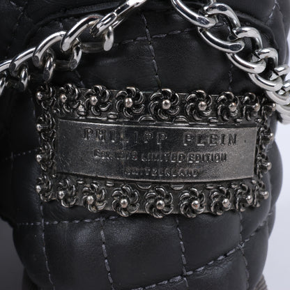 Philipp Plein Leather Ankle Boots Silver Metal Accessories with Skull Chains, Size 37 EU