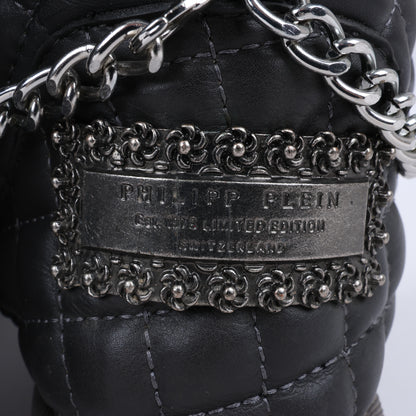 Philipp Plein Lederstiefeletten, Silberfarbene Metall-Accessoires mit Totenkopfketten, Größe 37 EU
