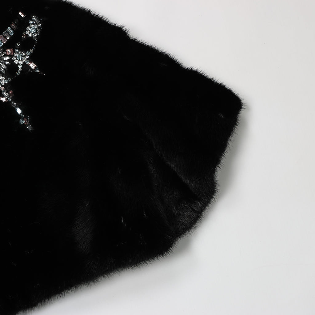 Valentino Black Mink Fur Capelet with Crystal Embellishments - Elegant Evening Wear