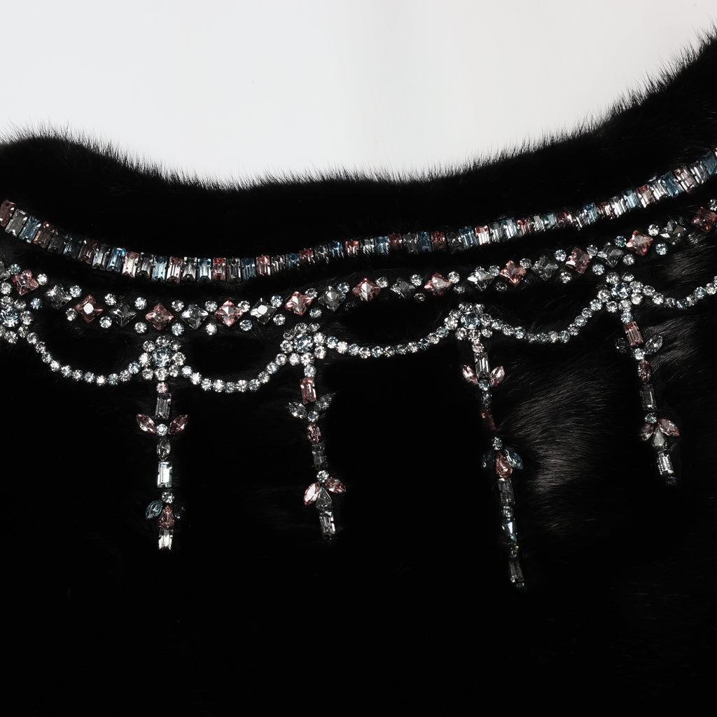 Valentino Black Mink Fur Capelet with Crystal Embellishments - Elegant Evening Wear