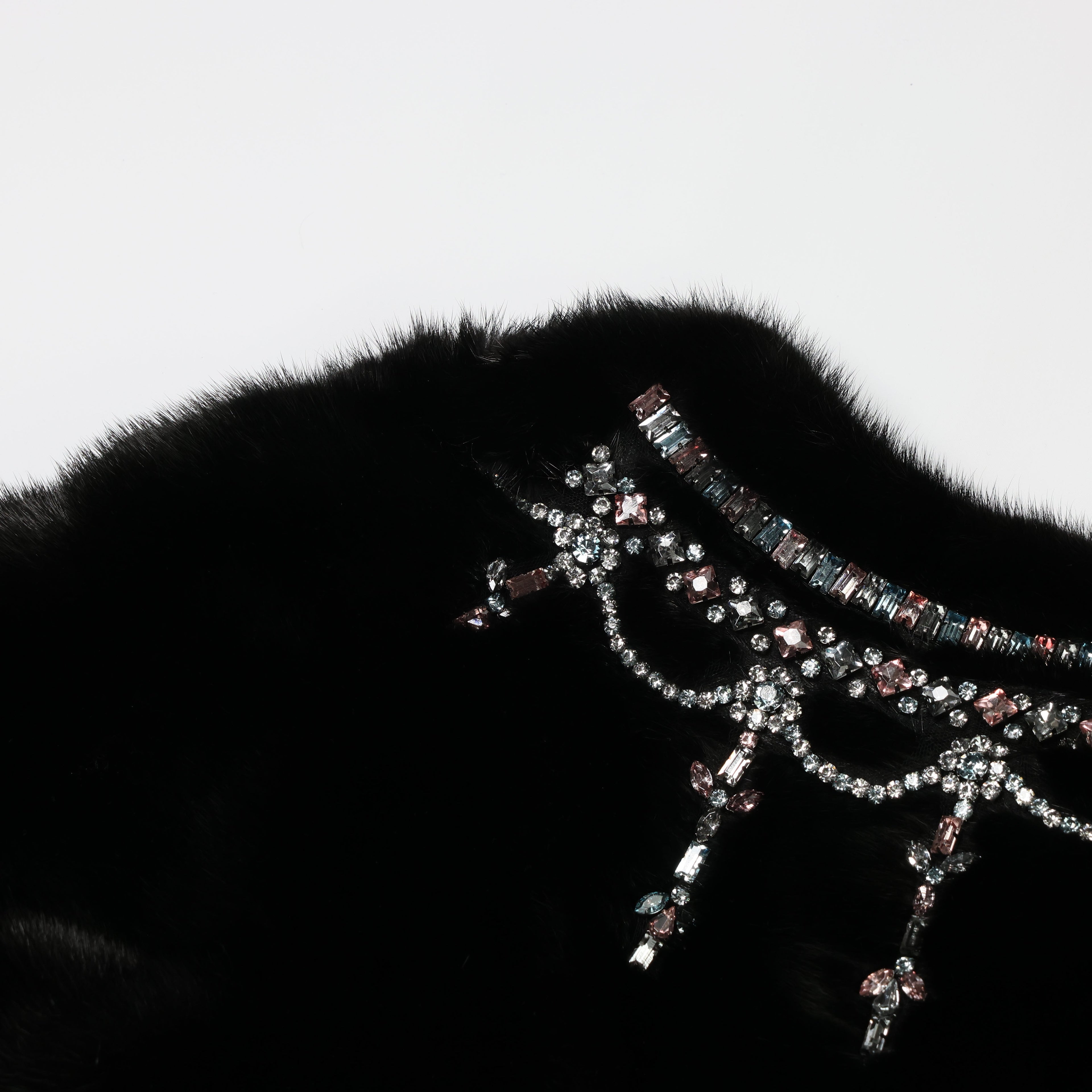 Valentino Black Mink Fur Capelet with Crystal Embellishments - Elegant Evening Wear