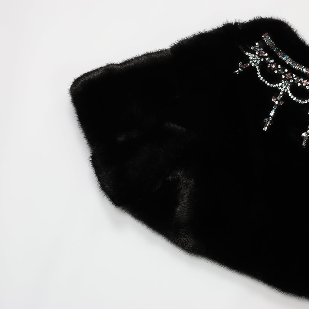 Valentino Black Mink Fur Capelet with Crystal Embellishments - Elegant Evening Wear