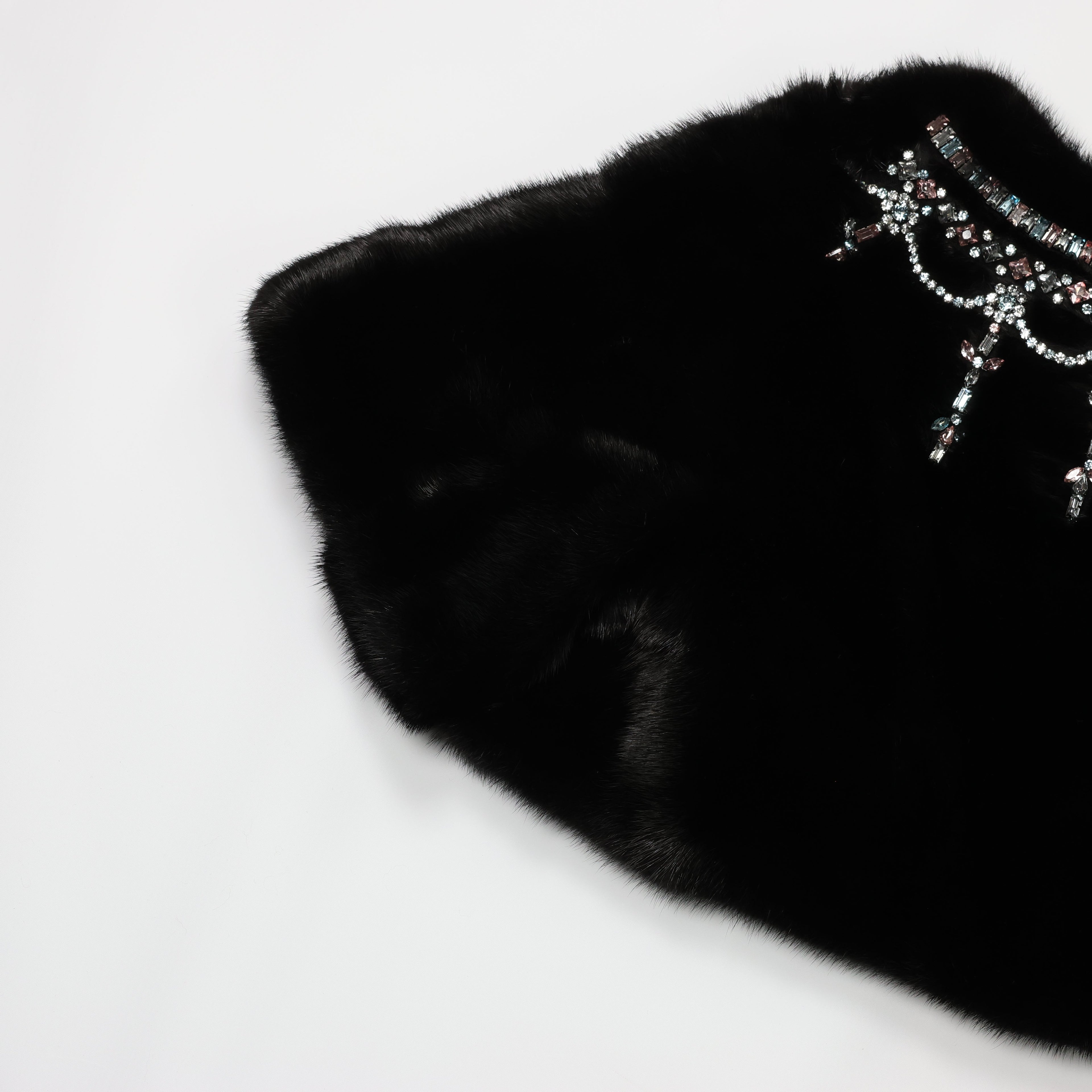 Valentino Black Mink Fur Capelet with Crystal Embellishments - Elegant Evening Wear