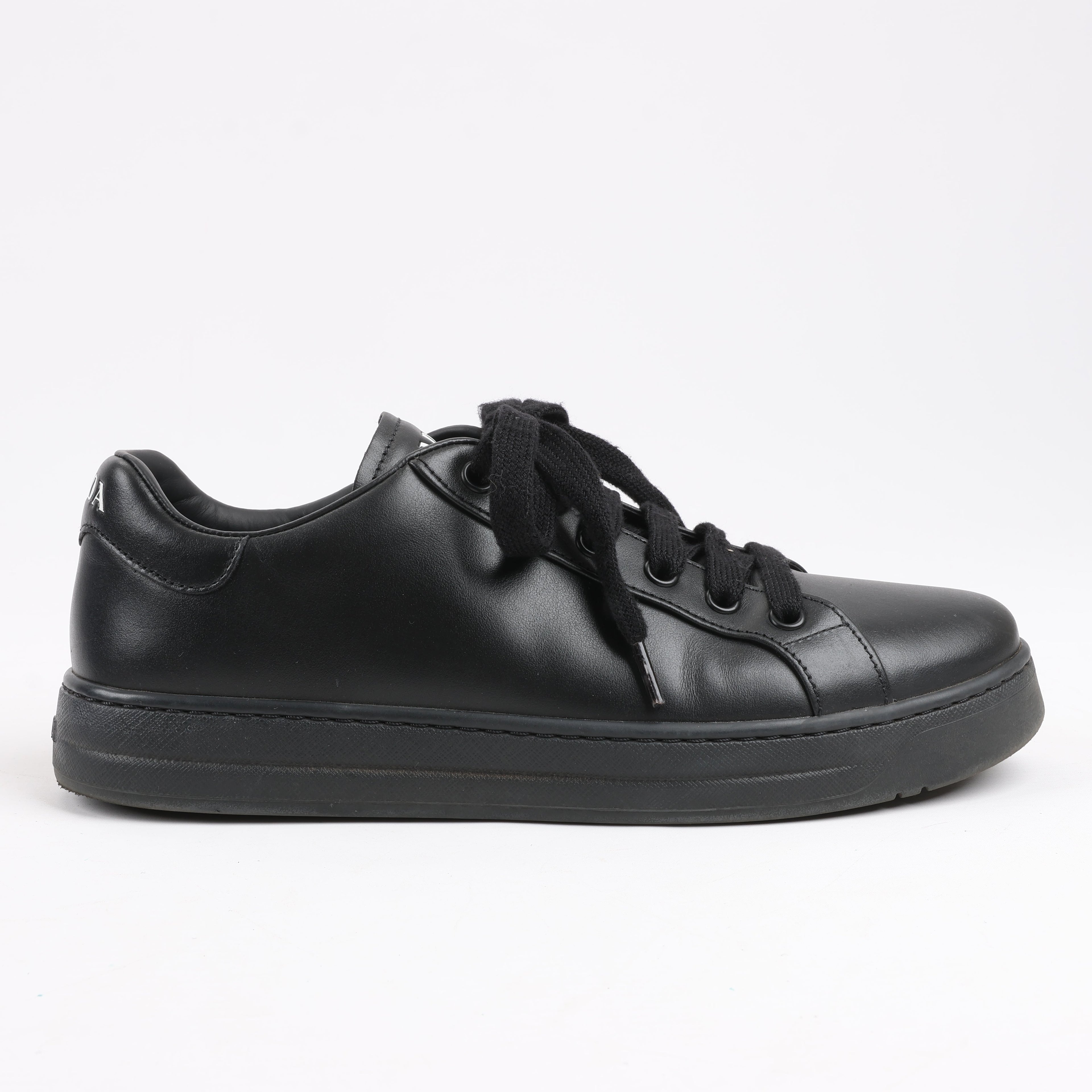 PRADA Logo Leather Sneakers in Black × White 1E282N, Size 37.5 EU