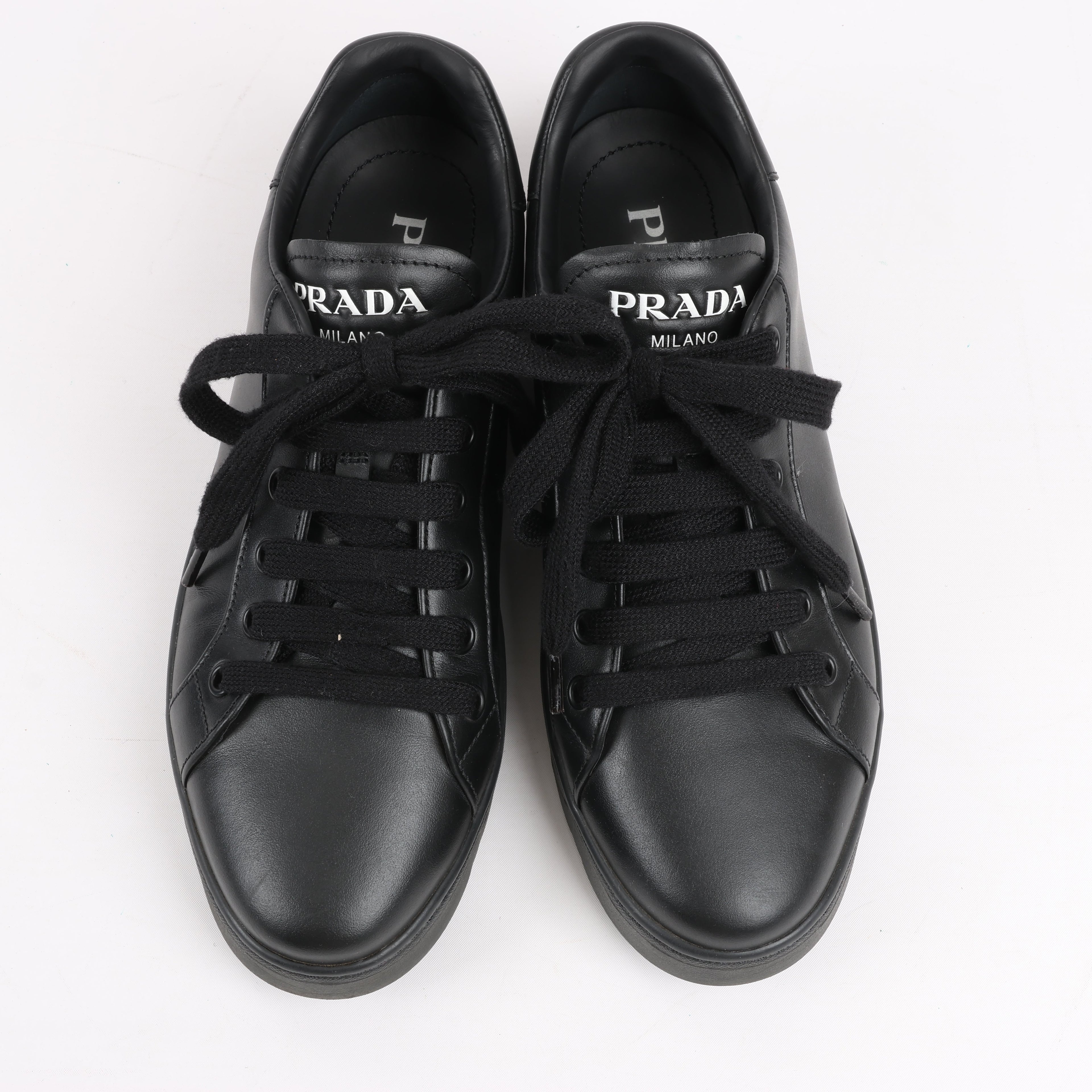 PRADA Logo Leather Sneakers in Black × White 1E282N, Size 37.5 EU