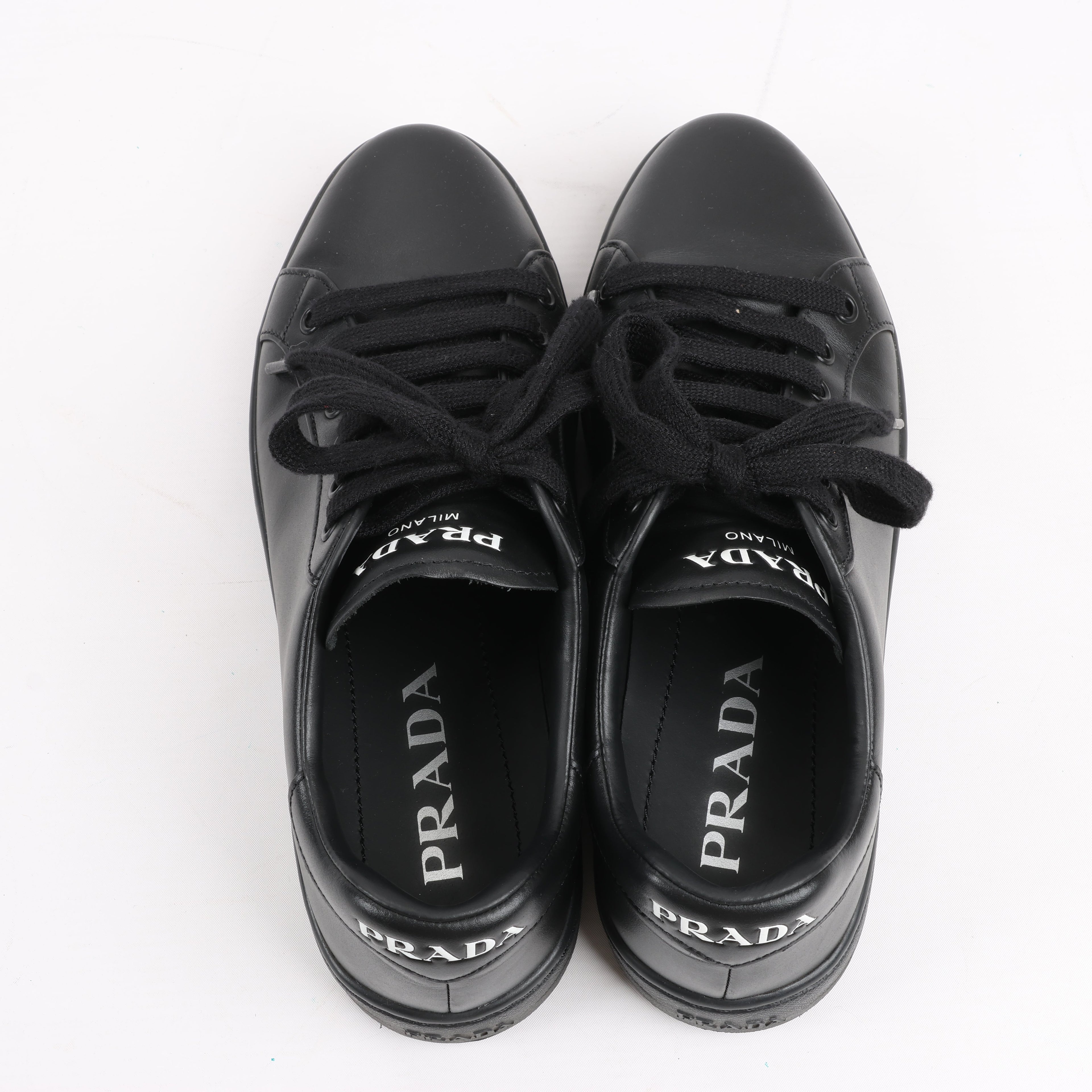 PRADA Logo Leather Sneakers in Black × White 1E282N, Size 37.5 EU
