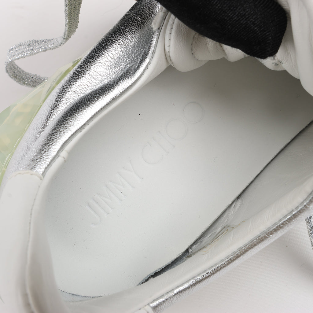 Jimmy Choo Diamond Leather Sneakers in White x Silver, Size 38 EU