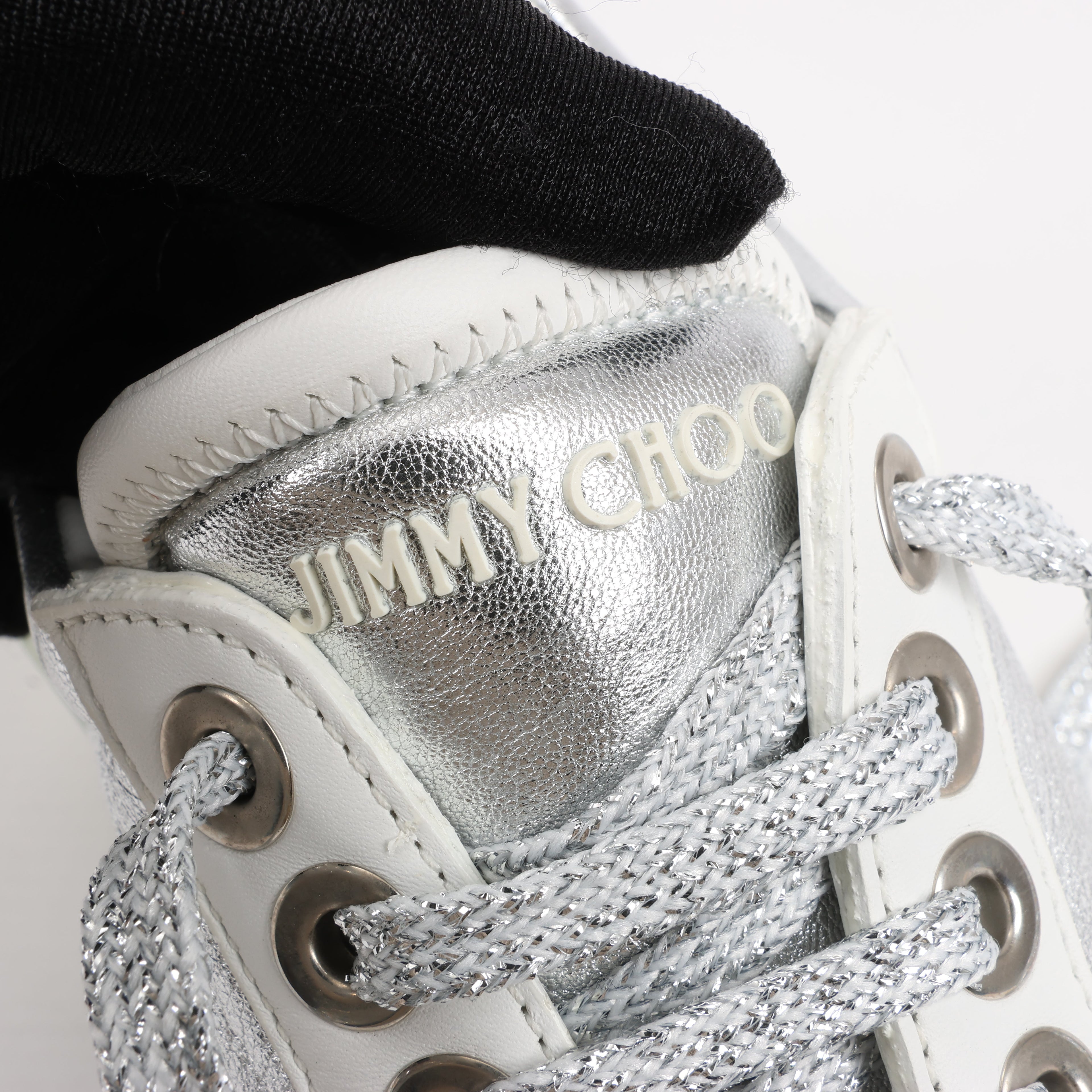 Jimmy Choo Diamond Leather Sneakers in White x Silver, Size 38 EU