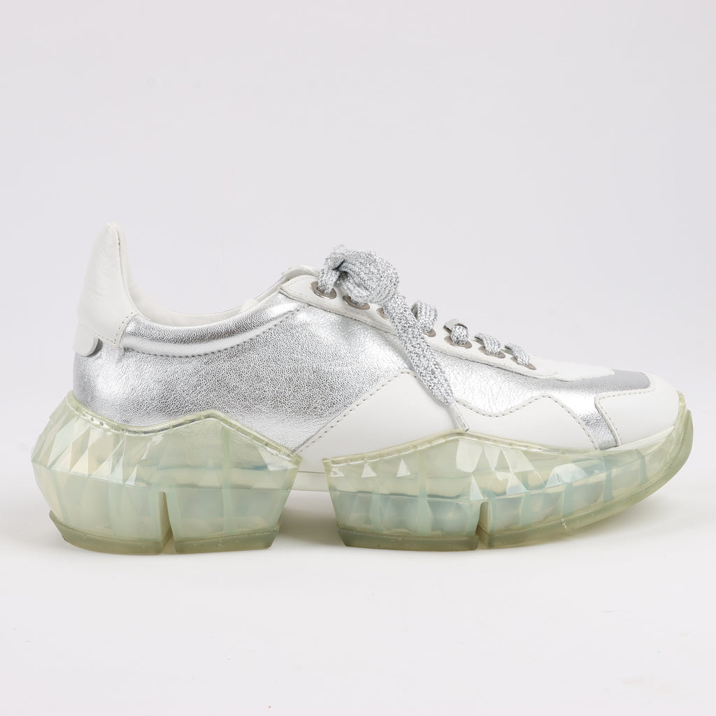 Jimmy Choo Diamond Leather Sneakers in White x Silver, Size 38 EU
