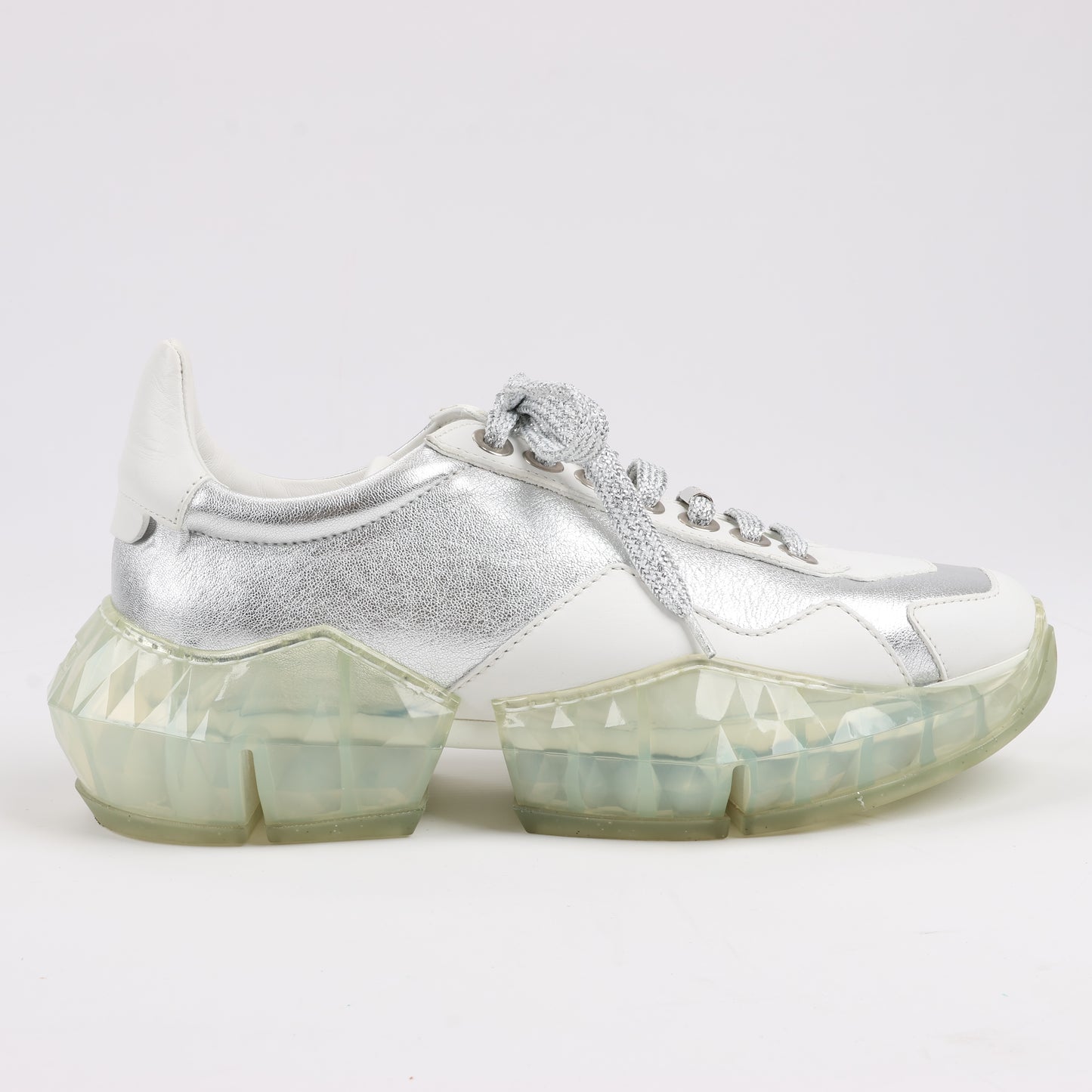 Baskets Jimmy Choo en cuir Diamond, blanc et argent, pointure 38