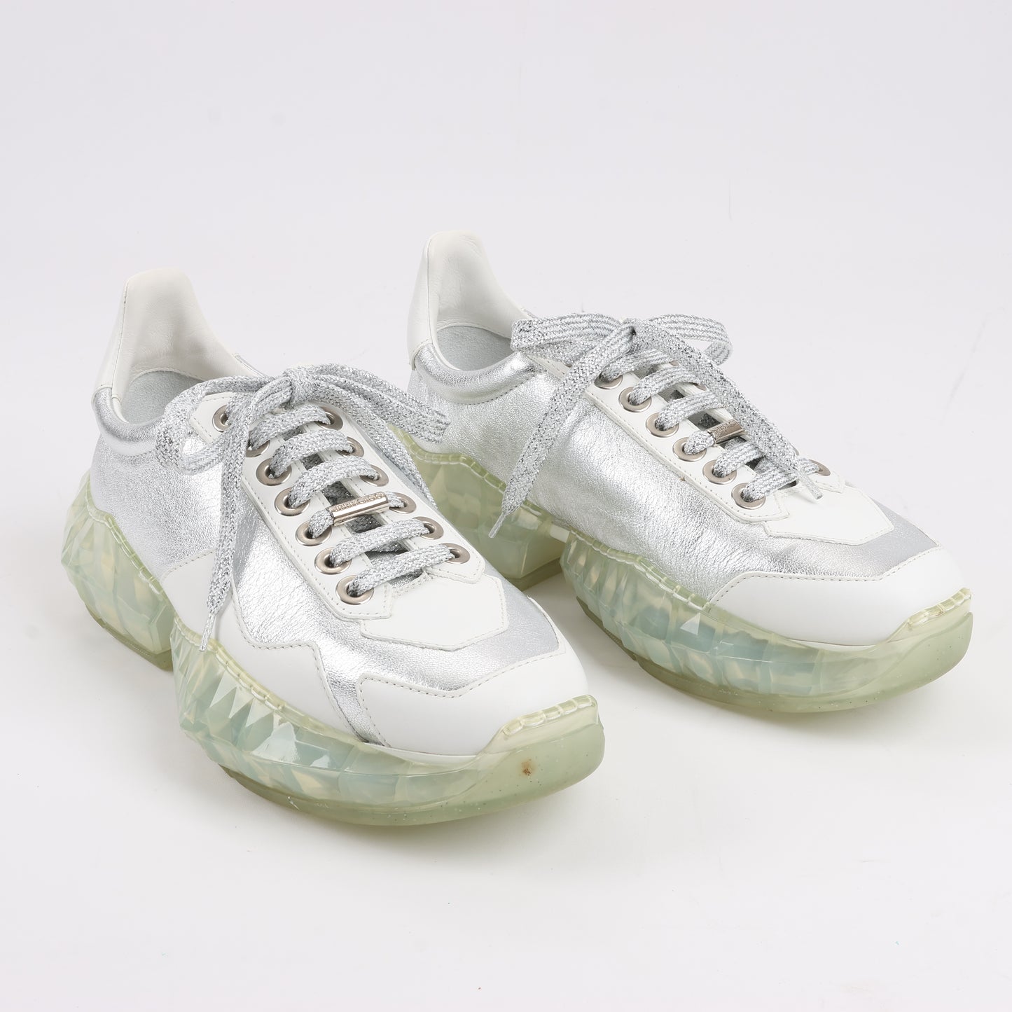 Baskets Jimmy Choo en cuir Diamond, blanc et argent, pointure 38