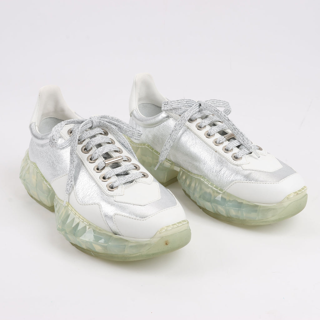 Jimmy Choo Diamond Leather Sneakers in White x Silver, Size 38 EU