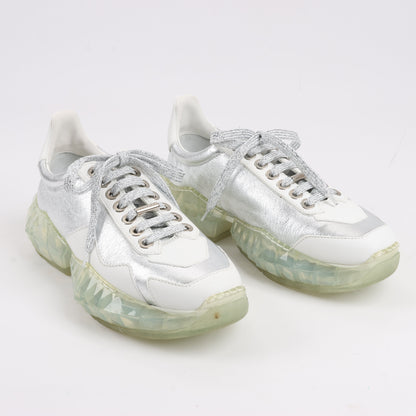Jimmy Choo Diamond Leather Sneakers in White x Silver, Size 38 EU