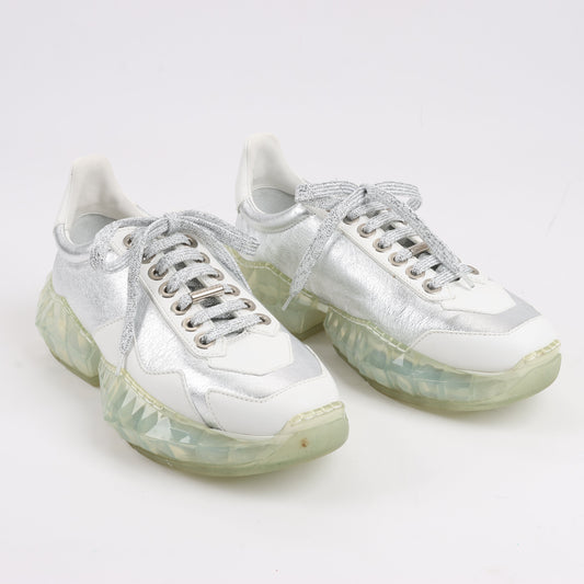 Jimmy Choo Diamond Leather Sneakers in White x Silver, Size 38 EU