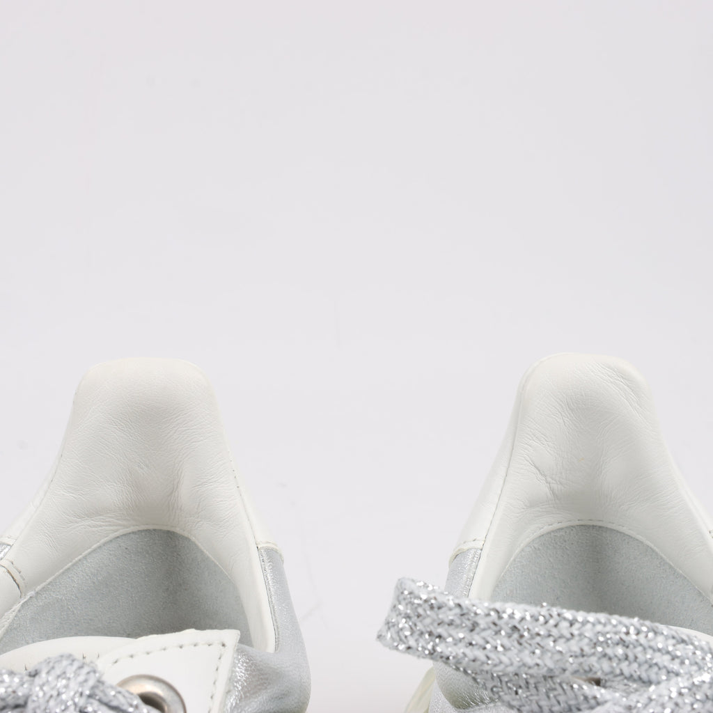 Jimmy Choo Diamond Leather Sneakers in White x Silver, Size 38 EU