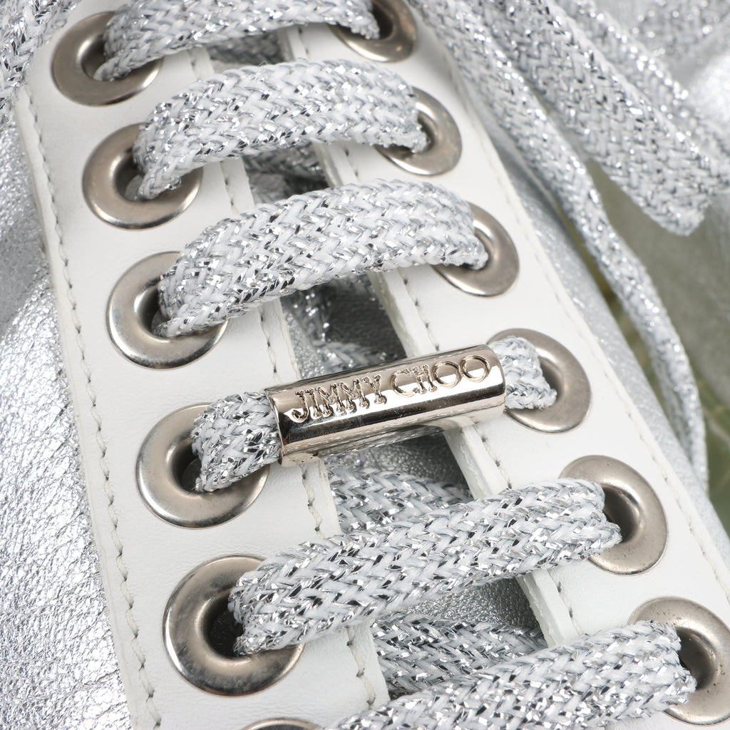 Jimmy Choo Diamond Leather Sneakers in White x Silver, Size 38 EU