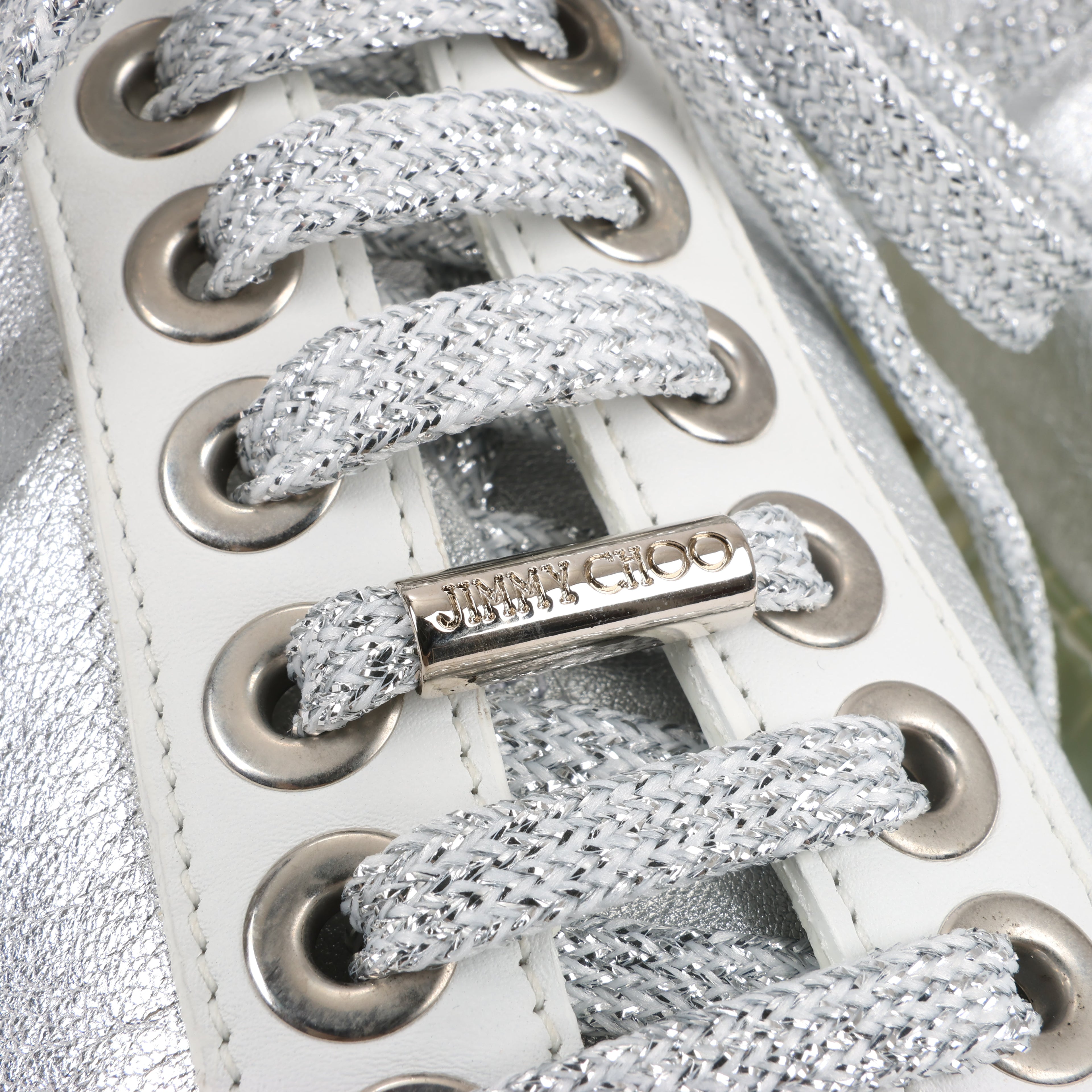 Jimmy Choo Diamond Leather Sneakers in White x Silver, Size 38 EU