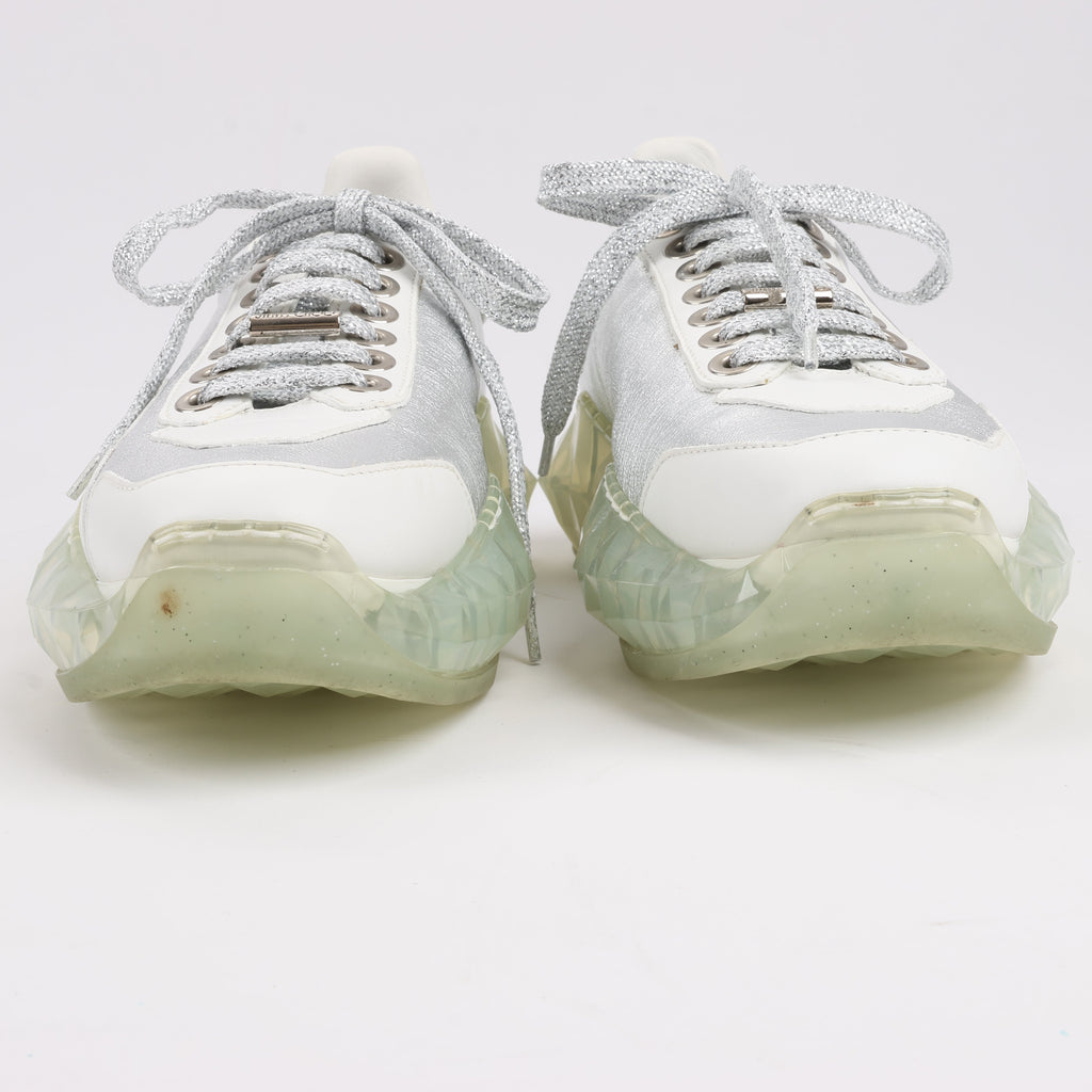 Jimmy Choo Diamond Leather Sneakers in White x Silver, Size 38 EU