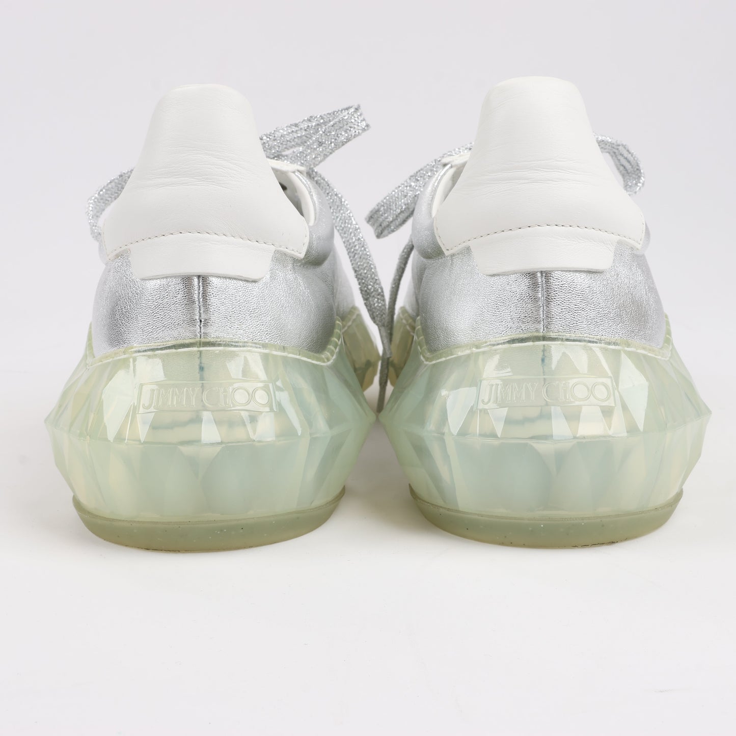 Jimmy Choo Diamond Leather Sneakers in White x Silver, Size 38 EU
