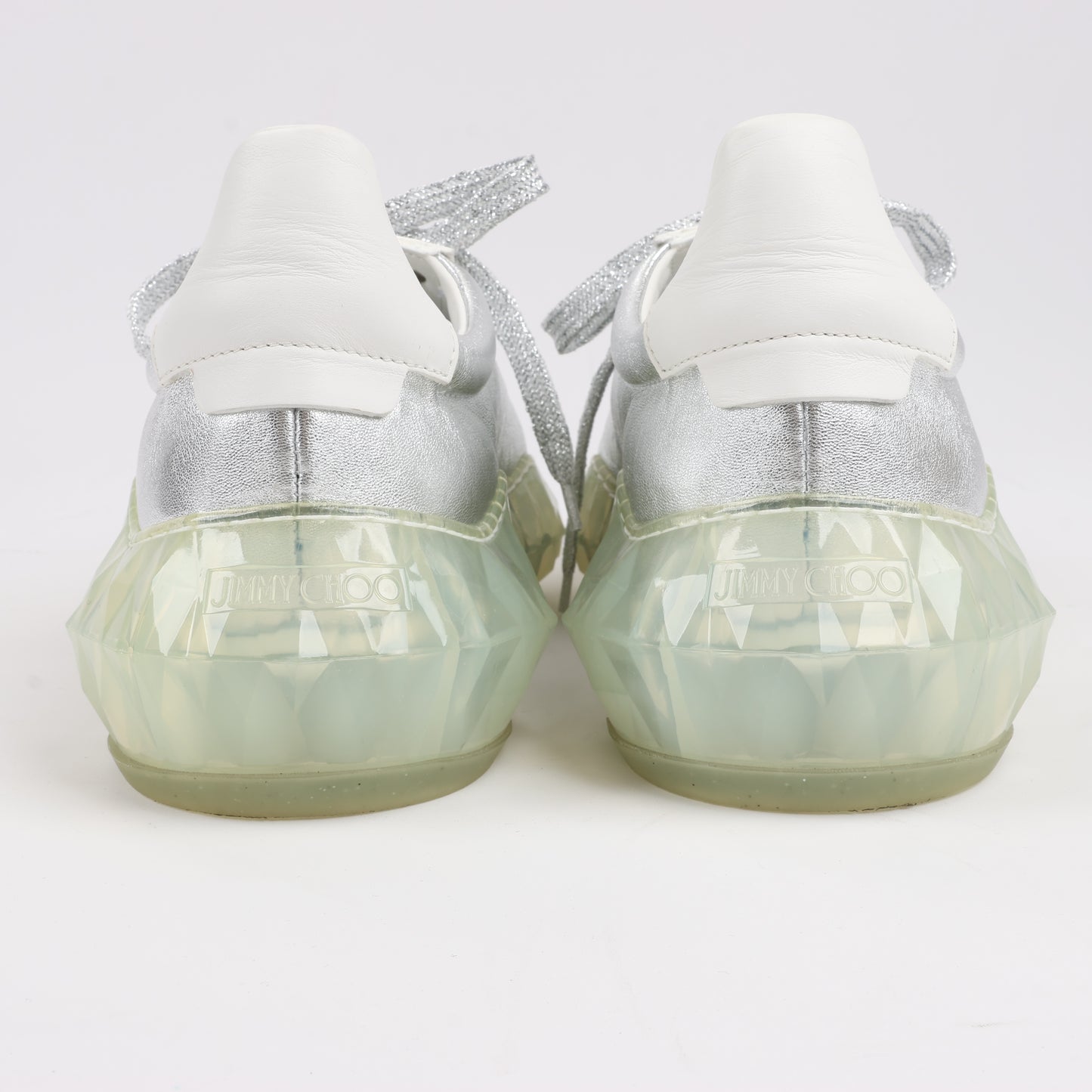 Baskets Jimmy Choo en cuir Diamond, blanc et argent, pointure 38