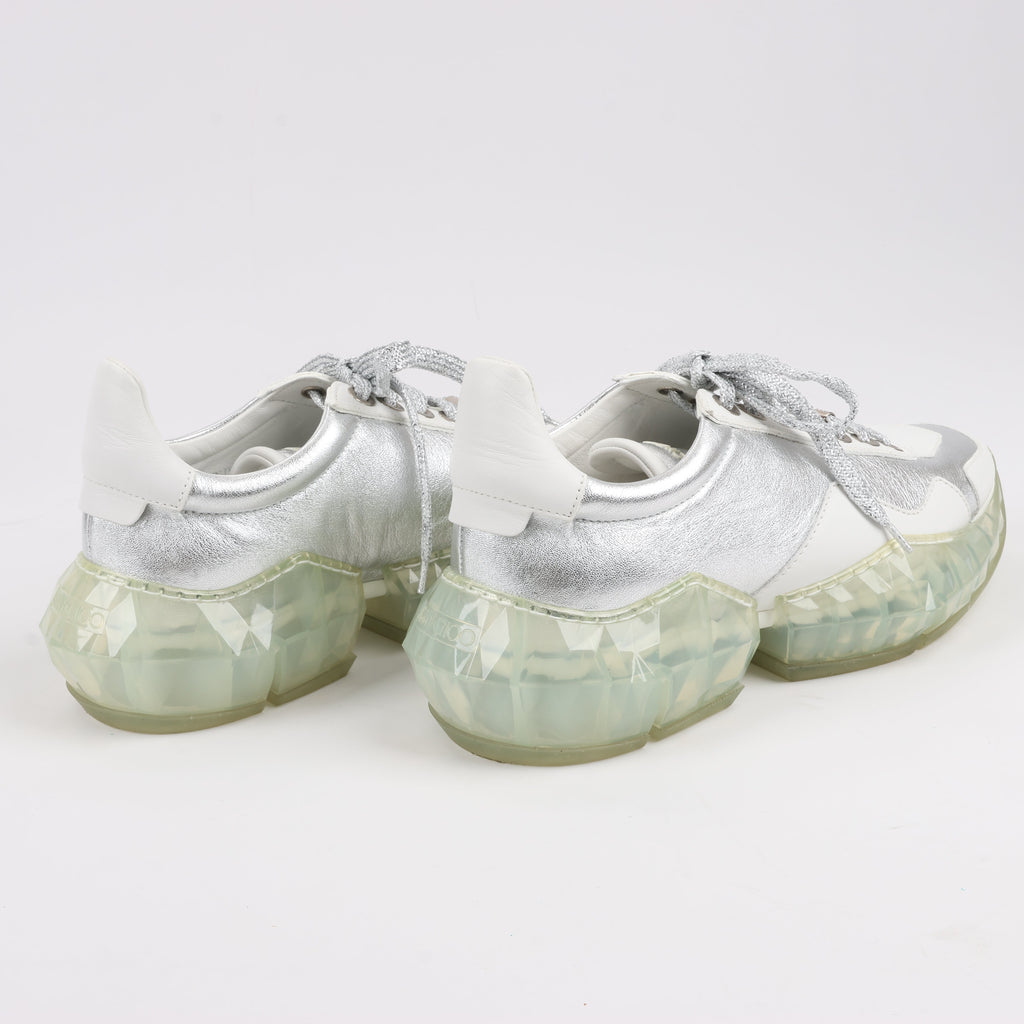 Jimmy Choo Diamond Leather Sneakers in White x Silver, Size 38 EU