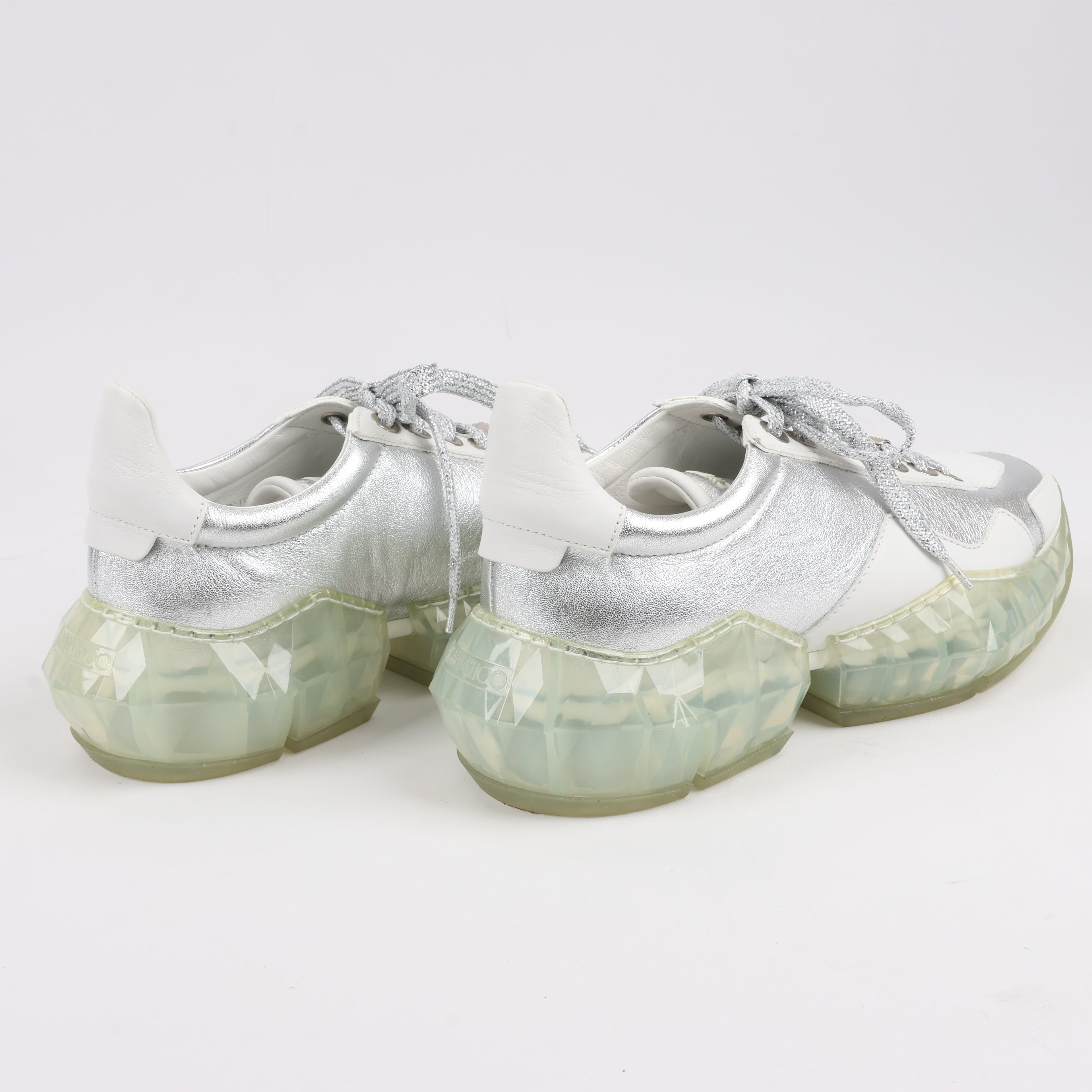 Jimmy Choo Diamond Leather Sneakers in White x Silver, Size 38 EU