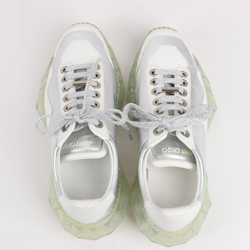 Jimmy Choo Diamond Leather Sneakers in White x Silver, Size 38 EU