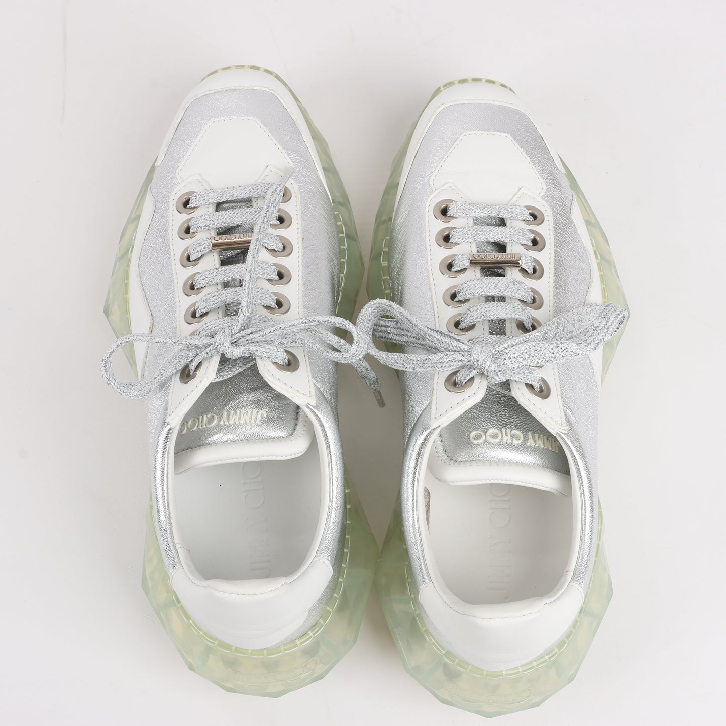 Jimmy Choo Diamond Leather Sneakers in White x Silver, Size 38 EU