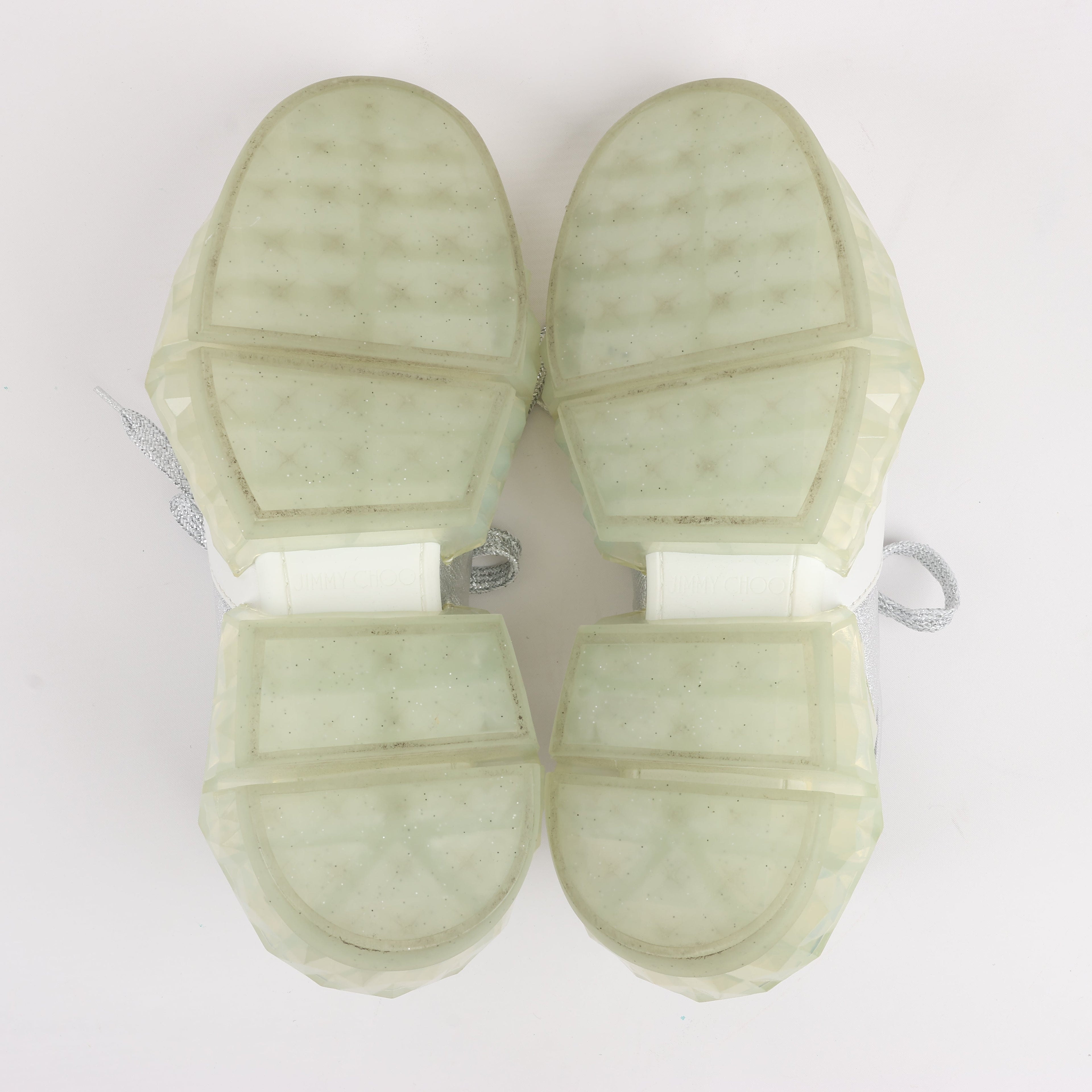 Jimmy Choo Diamond Leather Sneakers in White x Silver, Size 38 EU