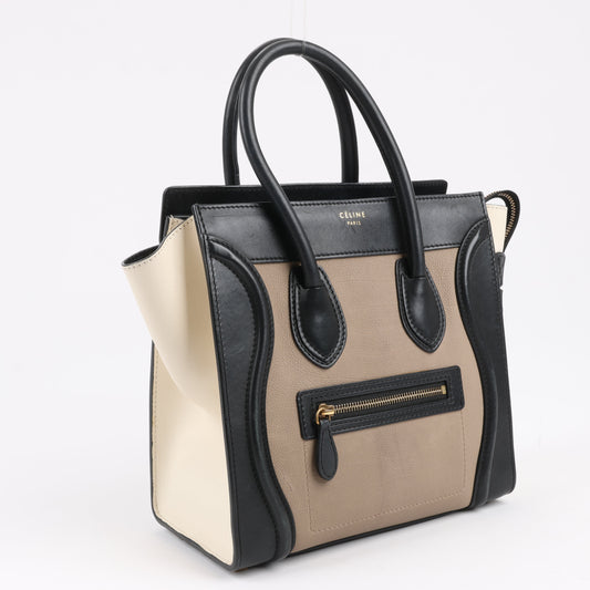 Sac à main CELINE Luggage Micro en cuir tricolore beige