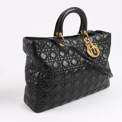 Grand sac à main Christian Dior Lady Dior en cuir Cannage à double compartiment, noir