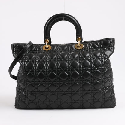 Grand sac à main Christian Dior Lady Dior en cuir Cannage à double compartiment, noir