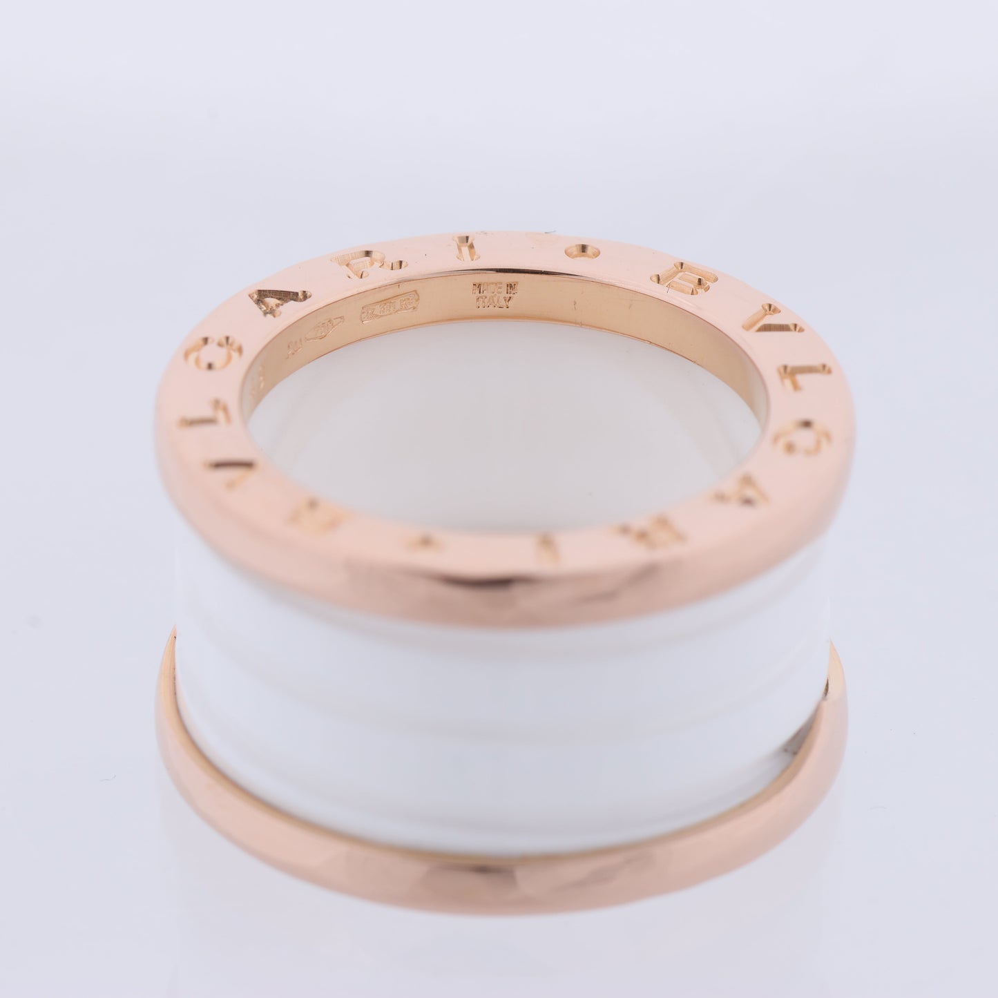 Bvlgari B.Zero1 Ring in 750 Pink Gold and White Ceramic (9.4g, Size 49)