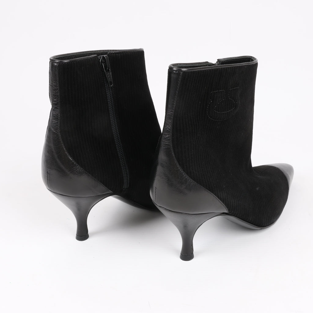 Salvatore Ferragamo Gancini Leather & Suede Ankle Boots in Black, Size 4.5 US