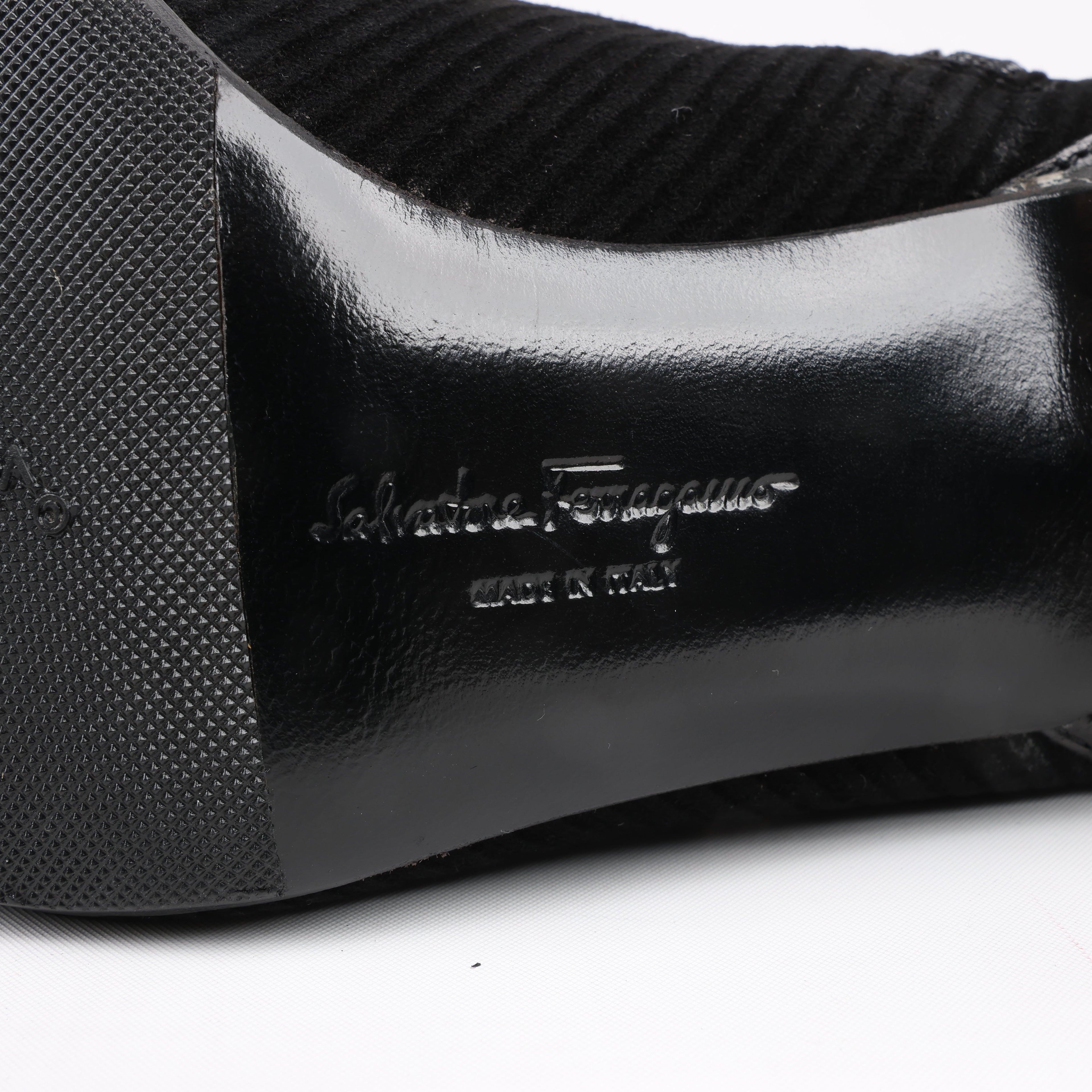 Salvatore Ferragamo Gancini Leather & Suede Ankle Boots in Black, Size 4.5 US