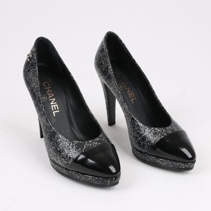 Chanel Coco Mark Leather Heels Black × Silver G29571, Size 36 EU