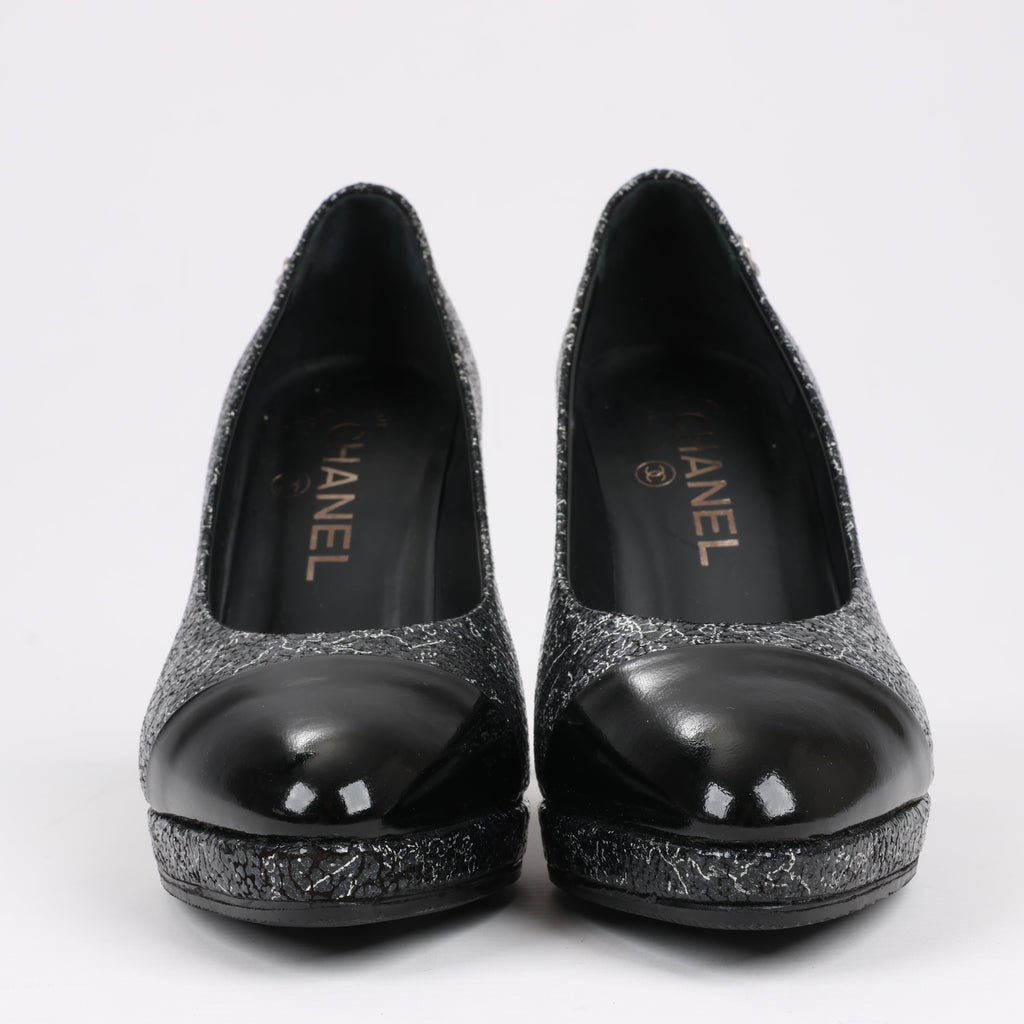 Chanel Coco Mark Leather Heels Black × Silver G29571, Size 36 EU