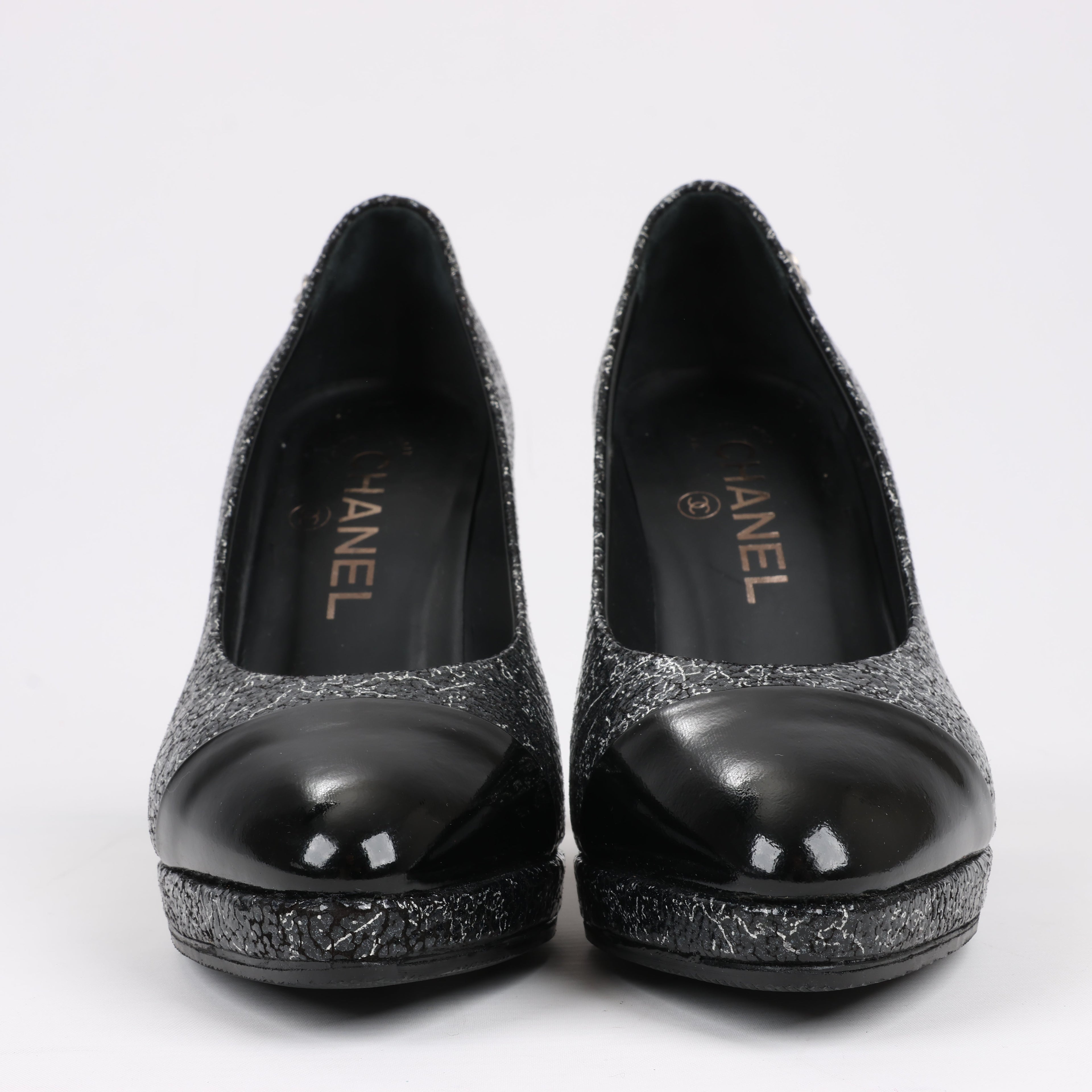 Chanel Coco Mark Leather Heels Black × Silver G29571, Size 36 EU