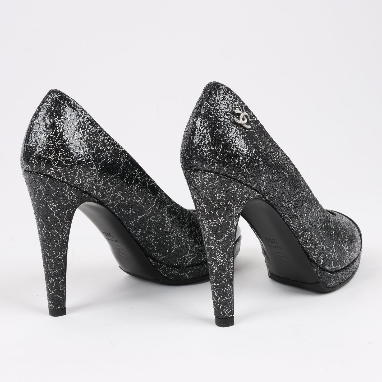 Chanel Coco Mark Leather Heels Black × Silver G29571, Size 36 EU
