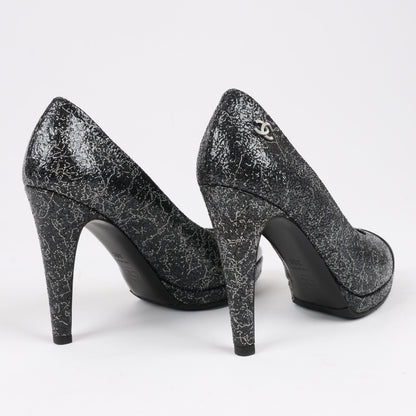 Chanel Coco Mark Leather Heels Black × Silver G29571, Size 36 EU