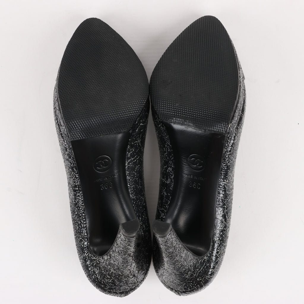 Chanel Coco Mark Leather Heels Black × Silver G29571, Size 36 EU